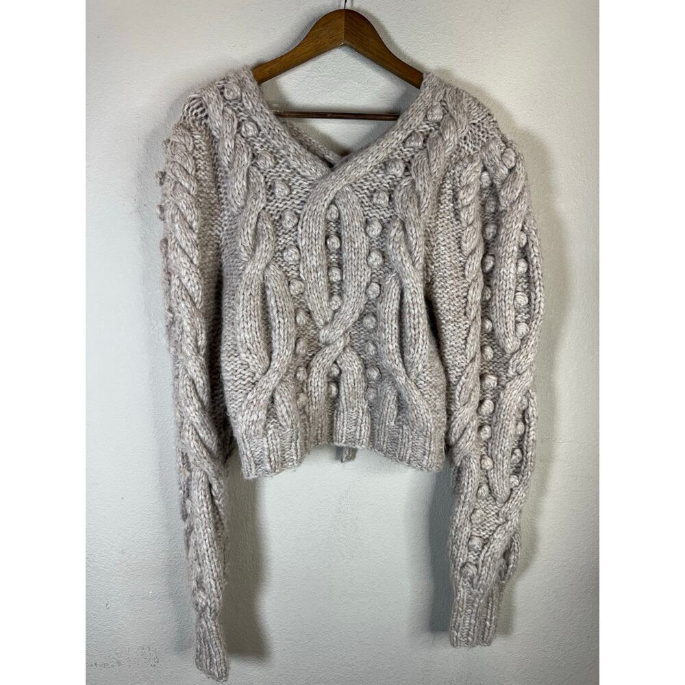 SEA New York Chunky Cable Knit Wool Crop Sweater L Beige Back Lace Up Luxury‎
